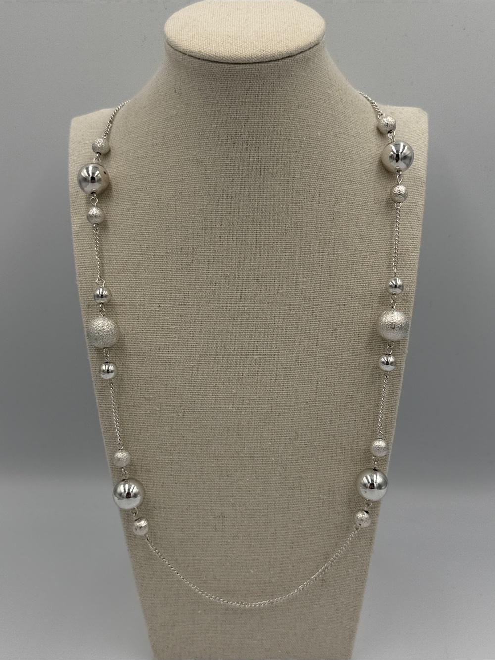 Long Silver Beaded Necklace with Mixed Finish Beads